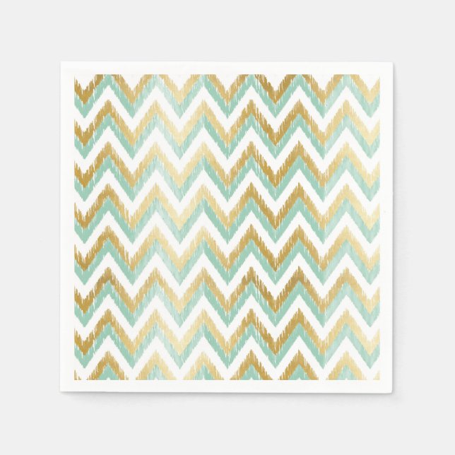 Green and Faux Gold Foil Chevron Ikat Pattern Napkins (Front)