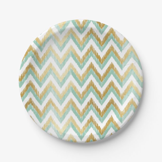 Green and Faux Gold Foil Chevron Ikat Pattern Paper Plates (Front)