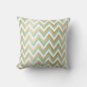 Green and Faux Gold Foil Chevron Ikat Pattern Throw Pillow