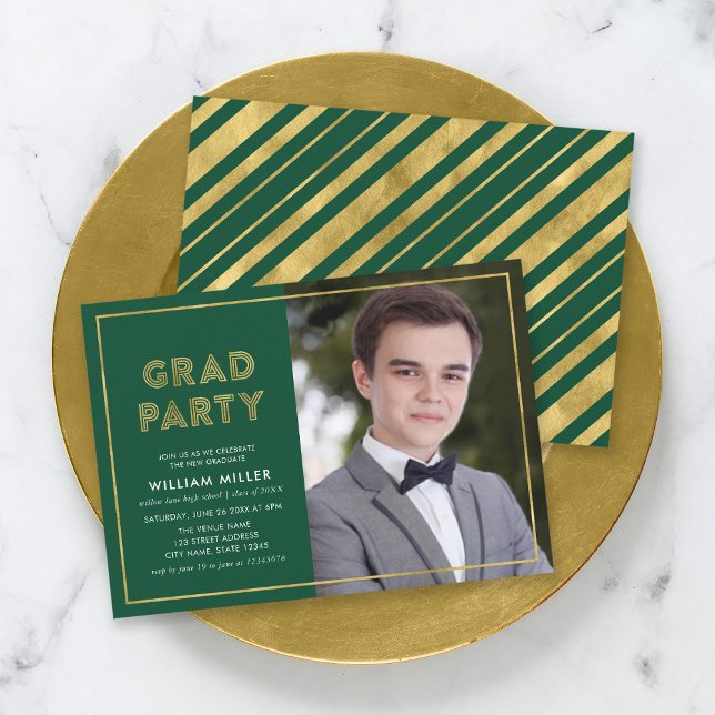 Green and Faux Gold Geometric Photo Grad Party Invitation (Creator Uploaded)