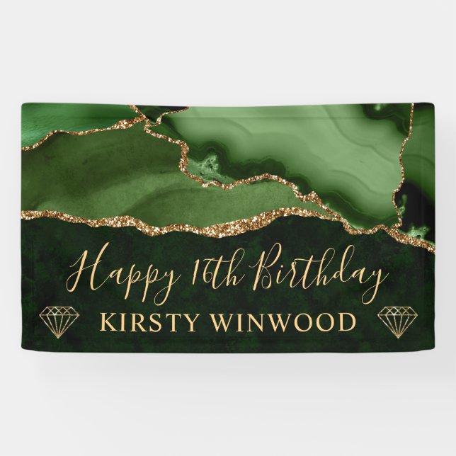 Green and Faux Gold Glitter Agate Marble Sweet 16 Banner (Horizontal)