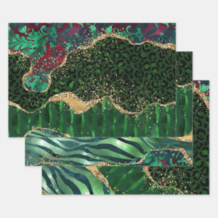 Green and Faux Gold Glitter Jungle Safari Agate Wrapping Paper Sheets