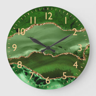 Green and Faux Gold Glitter Marble Agate Large Clock