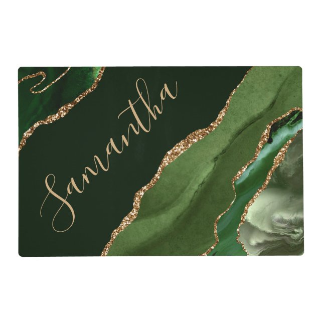 Green and Faux Gold Glitter Marble Agate Placemat (Front)