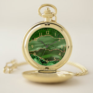Green and Faux Gold Glitter Marble Agate Pocket Watch