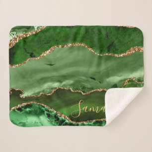 Green and Faux Gold Glitter Marble Agate Sherpa Blanket