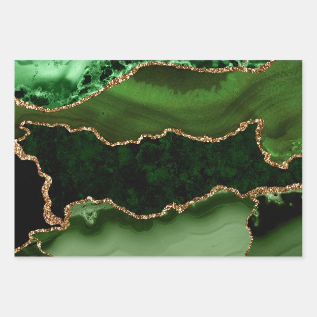 Green and Faux Gold Glitter Marble Agate Wrapping Paper Sheets (Front)