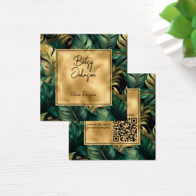 Green and Faux Gold Monstera Leaves Business Card (Desk)