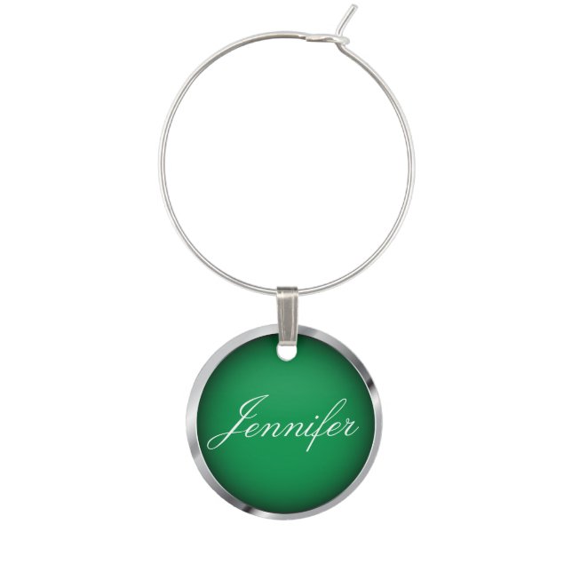 Green and Faux Metallic Chrome Trim | Personalize Wine Glass Charm (Front)