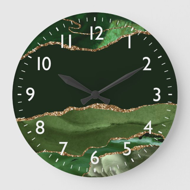 Green and Faux Silver Glitter Marble Agate Large Clock (Front)