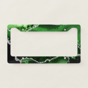 Green and Faux Silver Glitter Marble Agate License Plate Frame