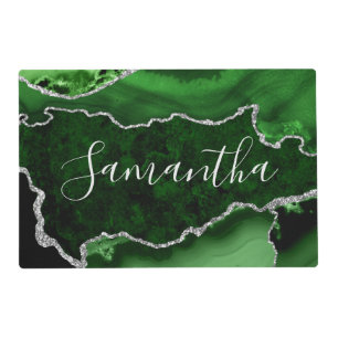 Green and Faux Silver Glitter Marble Agate Placemat