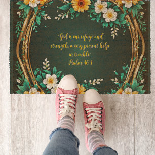 Green and Floral Wreath Customizable Fiber Doormat