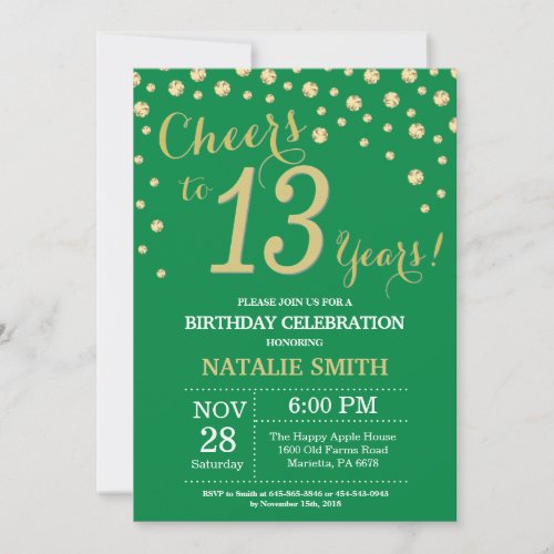 Green and Gold 13th Birthday Diamond Invitation