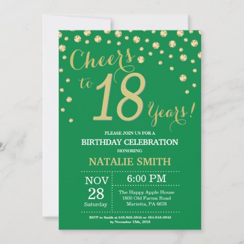 Green and Gold 18th Birthday Diamond Invitation