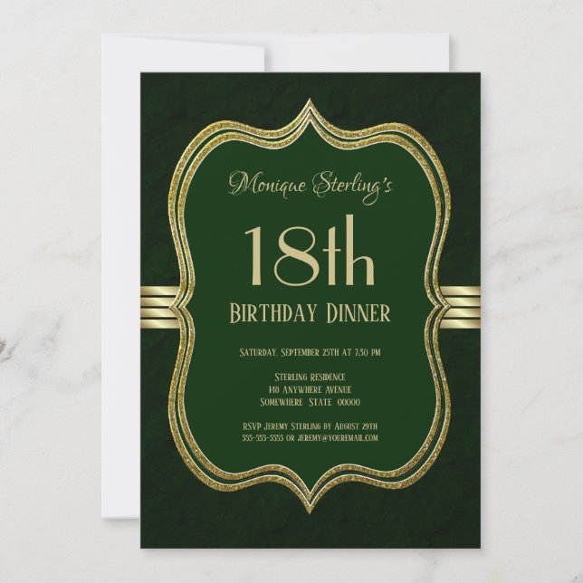 Green and Gold 18th Birthday Dinner Party Invitation (Front)