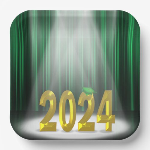 Green and Gold 2024 Graduation in Spotlight Paper Plates