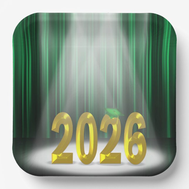 Green and Gold 2026 Graduation in Spotlight Paper Plates (Front)