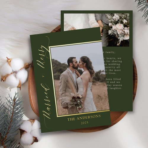Green and Gold 2 Photo Merry Married Christmas  Foil Holiday Card