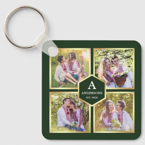 Green and Gold 4 Pictures Family Photo Collage Keychain