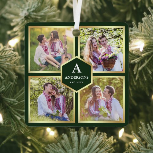 Green and Gold 4 Pictures Family Photo Collage Metal Ornament