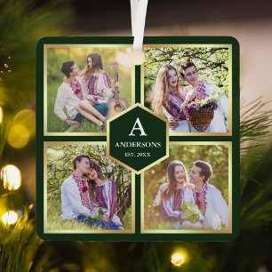 Green and Gold 4 Pictures Family Photo Collage Metal Ornament
