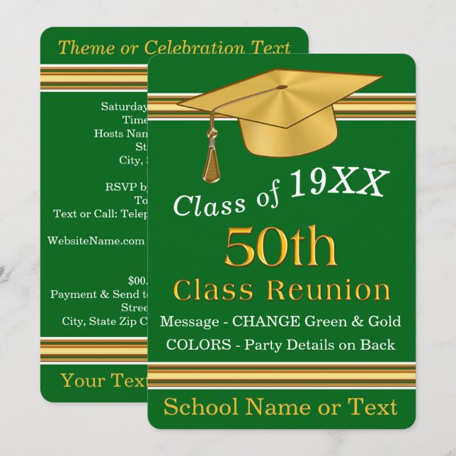 Green and Gold 50 Year Class Reunion Invitations (Front/Back)