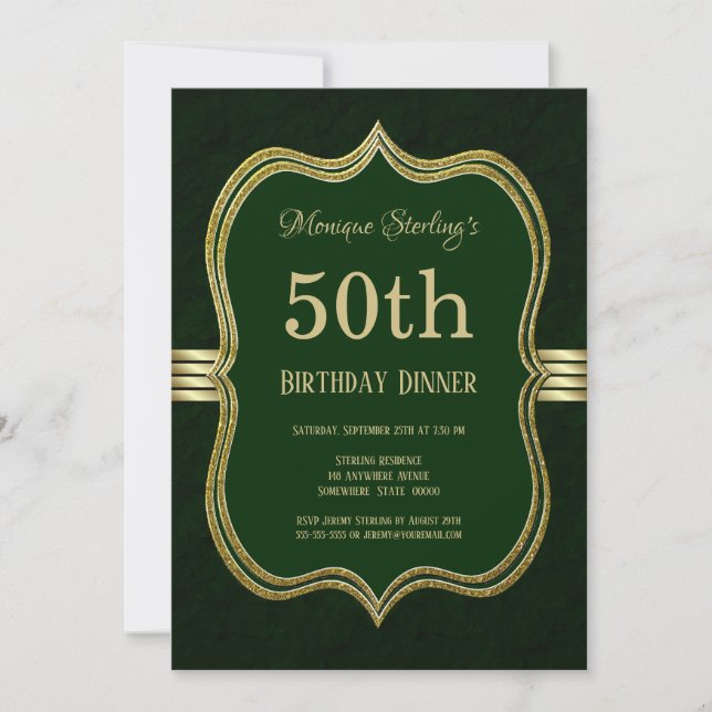 Green and Gold 50th Birthday Dinner Party Invitation (Front)