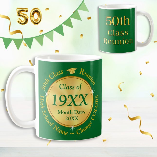 Green and Gold, 50th Class Reunion Gift Ideas, Coffee Mug (50th class reunion souvenirs. Great, Class of 1974. ANY YEAR, 50th class reunion gifts. Green Gold.)