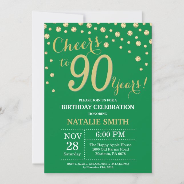 Green and Gold 90th Birthday Diamond Invitation (Front)