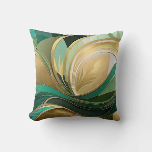 Green and Gold Abstract Modern Leaf Throw Pillow