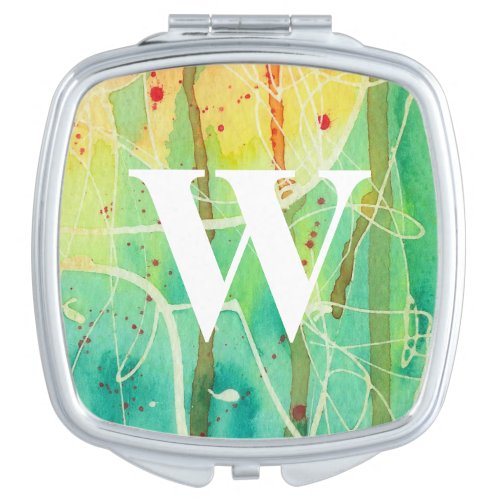 Green and Gold Abstract Watercolor Monogram Compact Mirror