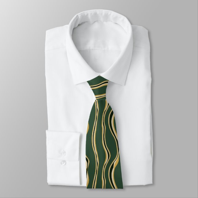 Green and gold abstract wavy vertical stripes pat neck tie (Tied)