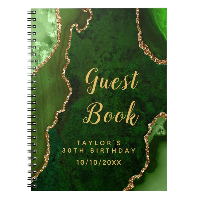 Green and Gold Agate Birthday Guest Book (Front)