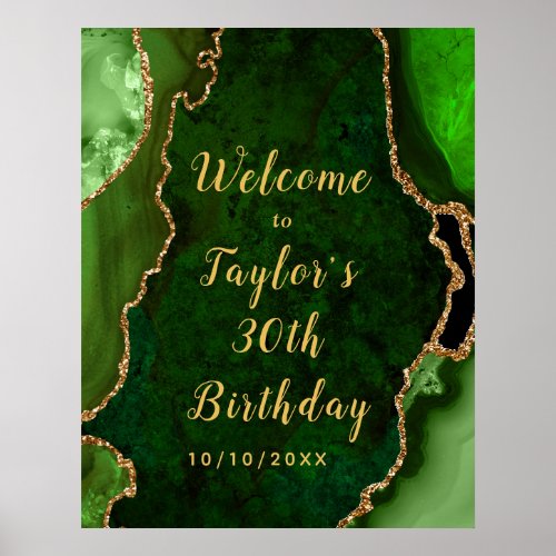 Green and Gold Agate Birthday Welcome Poster