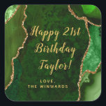 Green and Gold Agate Happy Birthday Square Sticker<br><div class="desc">This elegant and glamorous sticker can be personalized with a name or title such as mom,  daughter,  granddaughter,  niece,  friend etc. The design features a green agate marble background with faux gold glitter accents. The text combines handwritten script and modern sans serif fonts for a classy and sophisticated look.</div>