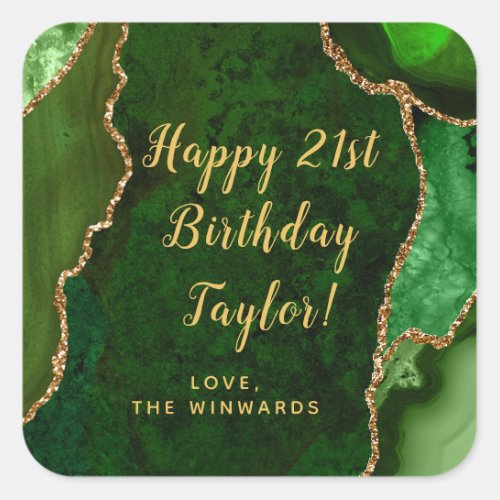 Green and Gold Agate Happy Birthday Square Sticker