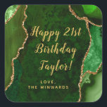 Green and Gold Agate Happy Birthday Square Sticker<br><div class="desc">This elegant and glamorous sticker can be personalized with a name or title such as mom,  daughter,  granddaughter,  niece,  friend etc. The design features a green agate marble background with faux gold glitter accents. The text combines handwritten script and modern sans serif fonts for a classy and sophisticated look.</div>