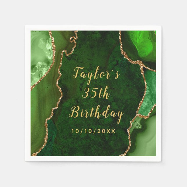 Green and Gold Agate Marble Birthday Napkins (Front)