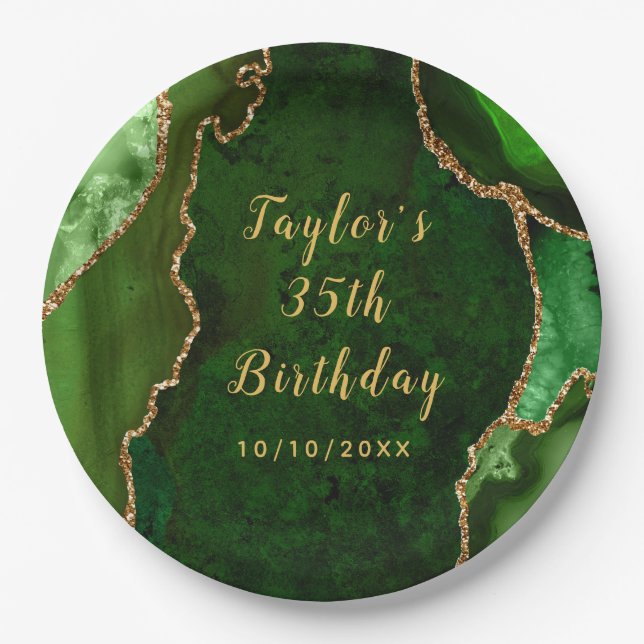Green and Gold Agate Marble Birthday Paper Plates (Front)