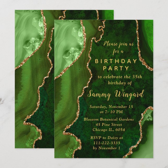 Green and Gold Agate Marble Birthday Party Invitation (Front/Back)