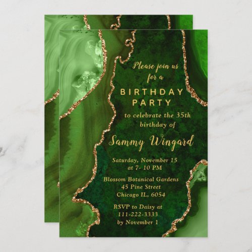Green and Gold Agate Marble Birthday Party Invitation