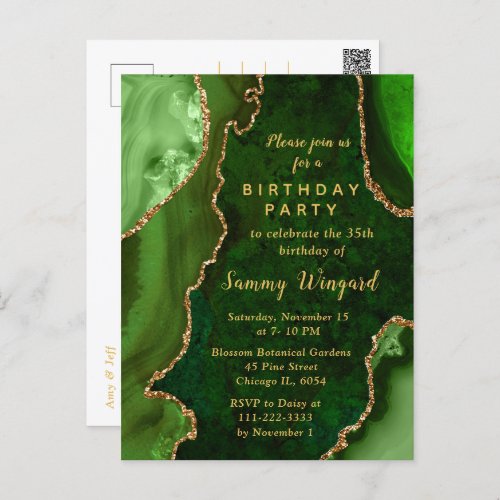 Green and Gold Agate Marble Birthday Party Postcard