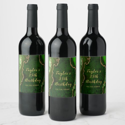 Green and Gold Agate Marble Birthday Wine Label