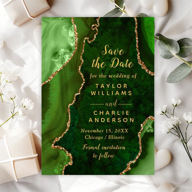 Green and Gold Agate Marble Save The Date Invitation (Creator Uploaded)