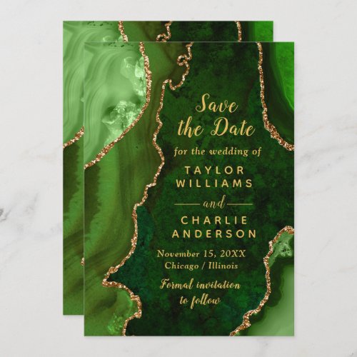 Green and Gold Agate Marble Save The Date Invitation