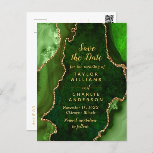 Green and Gold Agate Marble Save The Date Postcard