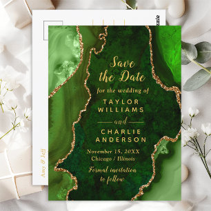 Green and Gold Agate Marble Save The Date Postcard
