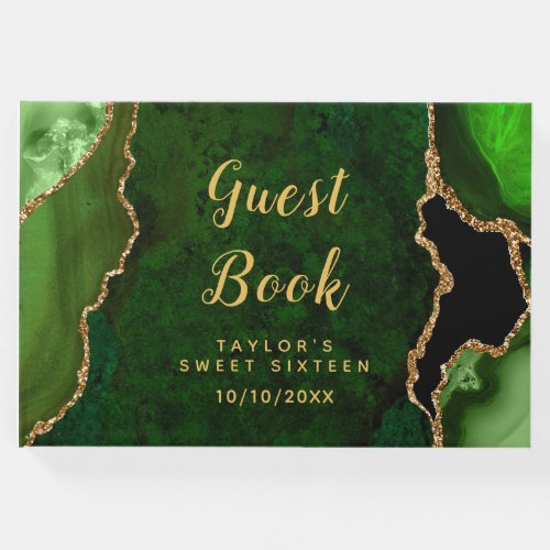 Green and Gold Agate Marble Sweet Sixteen Guest Book