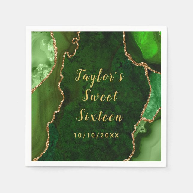 Green and Gold Agate Marble Sweet Sixteen Napkins (Front)